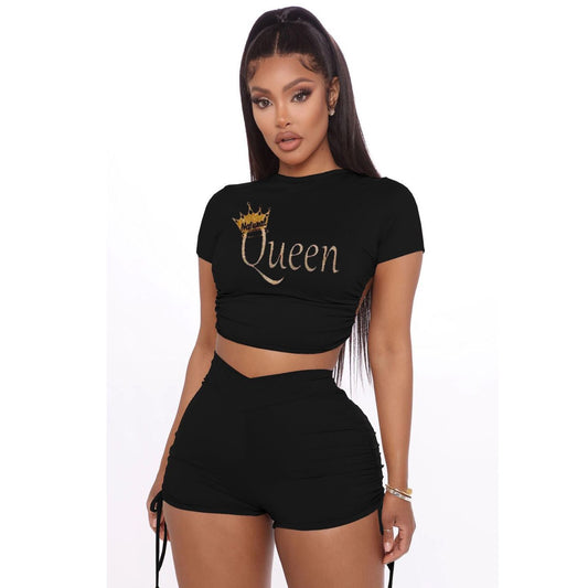 2 pcs Women Set Solid Letters Bandage Backless Short Tops and Shorts